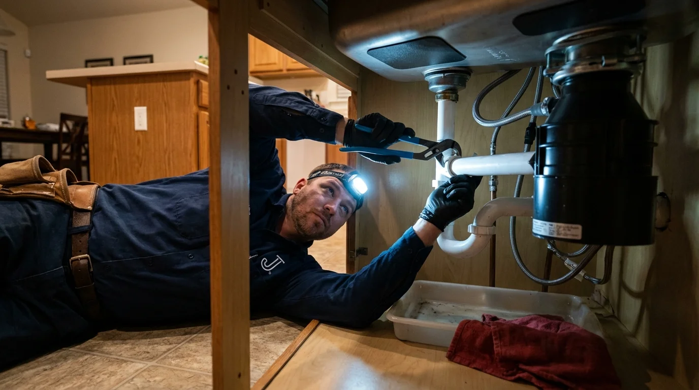 P-trap and supply line connections under a kitchen sink showing a common leak point in Grovetown, GA